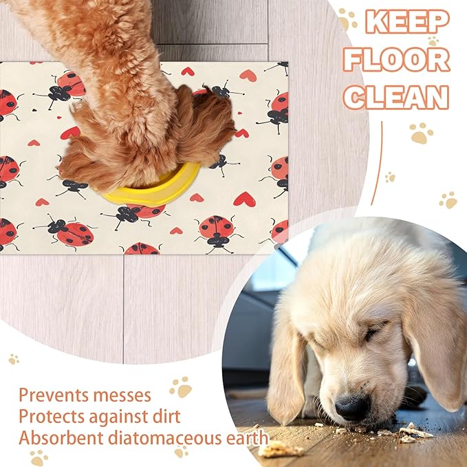 Red Ladybird Dog Food Mat for Floors Absorbent, Quick Dry Water Dispenser Mat for Food, Water, Pet Supplies 16" x 24", Red Love