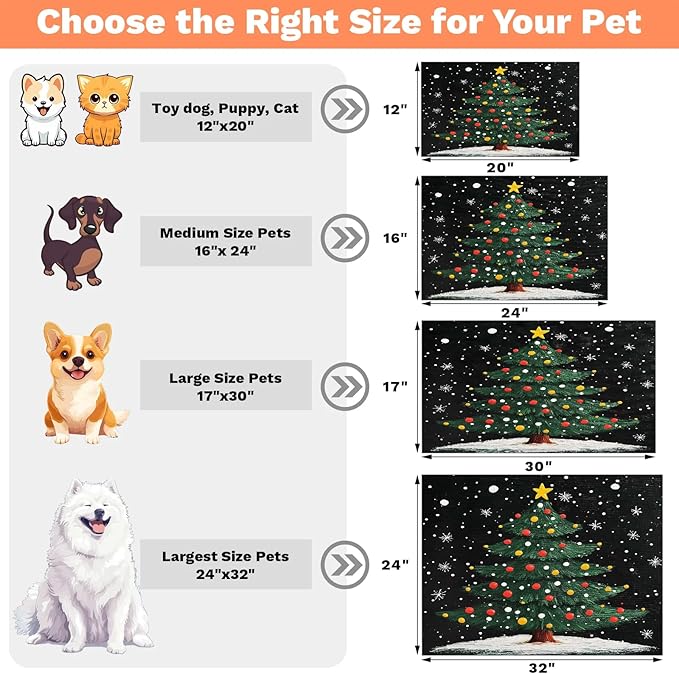 Christmas Tree Dog Food Mat for Floors Absorbent, Quick Dry Water Dispenser Mat for Food, Water, Pet Supplies 24" x 32", Xmas Pine Tree