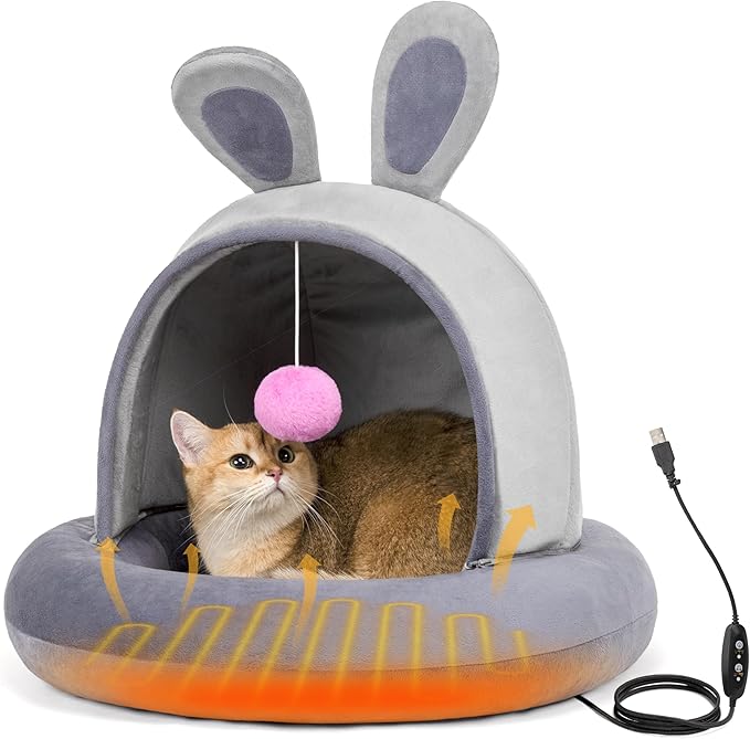 Heated Cat Bed with Electric Cat Heating Pad, 23.6" Large Cat Bed for Cats and Small Dogs, Heated Pet Bed with Timer & Temp Adjustable, Removable Machine Washable, Gifts for Easter