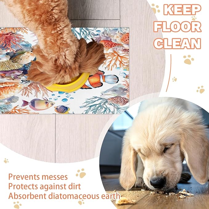 Colorful Fish Dog Food Mat for Floors Absorbent Dog Bowl Mat for Food and Water Dispenser Quick Dry Cat Food Placemat Pet Supplies 16" x 24", Ocean Underwater World