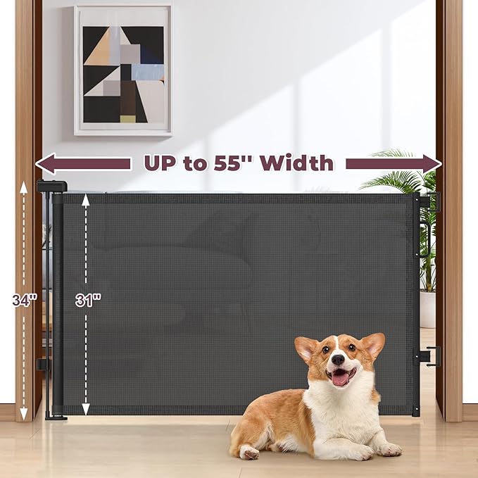 Retractable Baby Gates 2 Pack, 55" Wide Mesh Dog Gate Indoor, 34" Tall Gate for Stairs Doorways Hallways Deck, Child Pet Safety Gate for Indoor Outdoor Home Use, Black