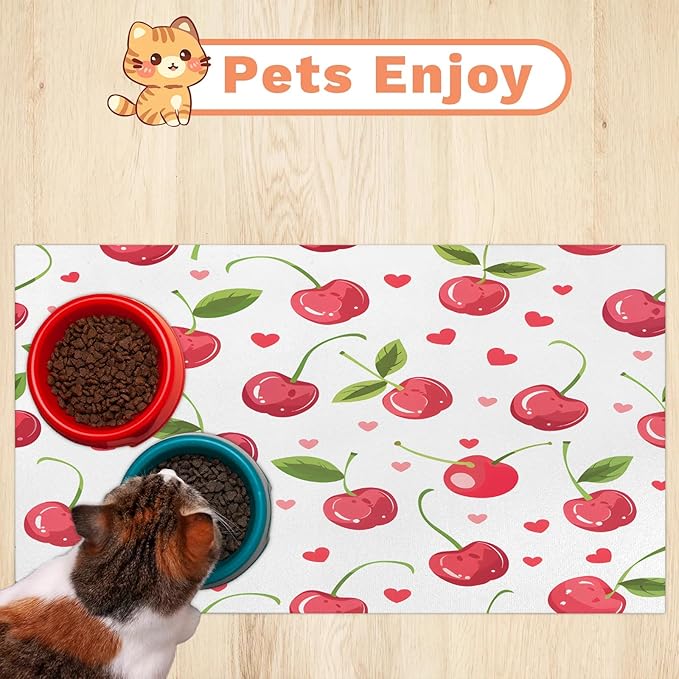 Cherry Fruits Dog Food Mat for Floors Absorbent Dog Bowl Mat for Food and Water Dispenser Quick Dry Cat Food Placemat Pet Supplies 17" x 30", Boho Fruit