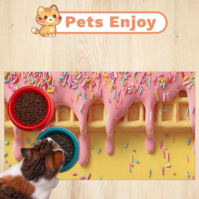 Ice Cream Dog Food Mat for Floors Absorbent Dog Bowl Mat for Food and Water Dispenser Quick Dry Cat Food Placemat Pet Supplies 17" x 30", Cute Waffle