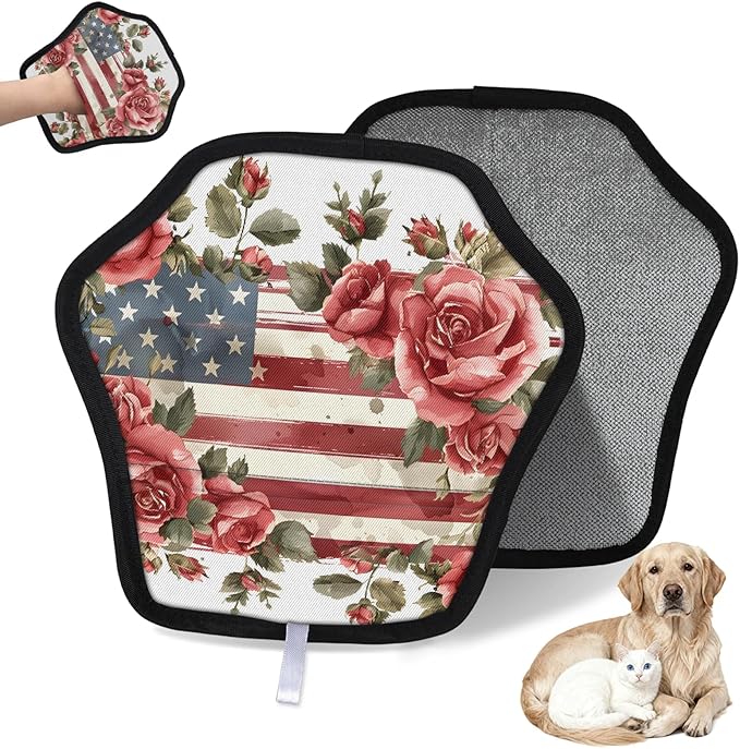 Reusable Pet Hair Removal Glove Flowers Stars Stripes Magic Brush for Cat & Dog Hair Remover for Car, Sofa, Bedding, Clothes - 9x9 Mitt Washable