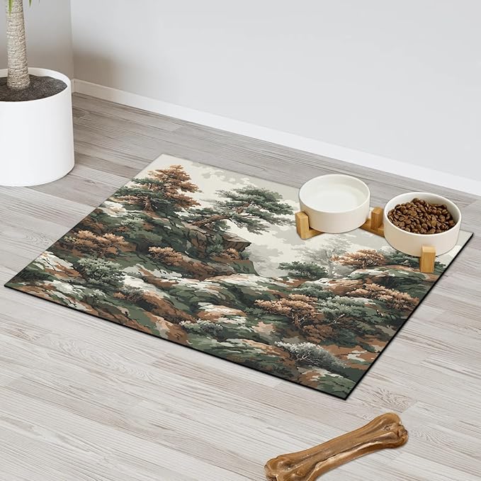 Trees Forest Dog Food Mat for Floors Absorbent, Quick Dry Water Dispenser Mat for Food, Water, Pet Supplies 12" x 20",