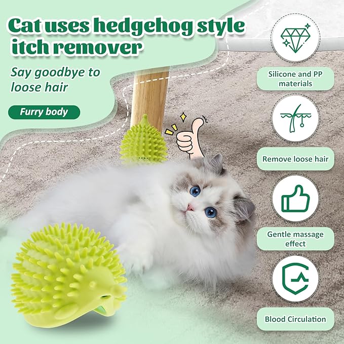 2Pcs Self Grooming Cat Brush, Hedgehog Shape Cat Corner Tickler, Cat Wall Brush, Wall Mount Corner Cat Face Scratcher, Cat Hair Brush Soft Silicone Corner Cat Grooming Brush for Indoor Use