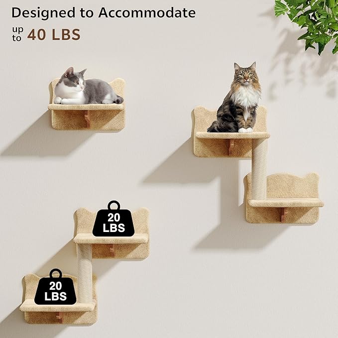 9-in-1 Cat Wall Shelves, Stable & Safe Wall Mounted Cats Shelf Furniture Set with Plush Fabric, Wooden Cat Climbing Wall Systems with Scratching Post, Bridge Ladder, Floor Space-Saving, Beige