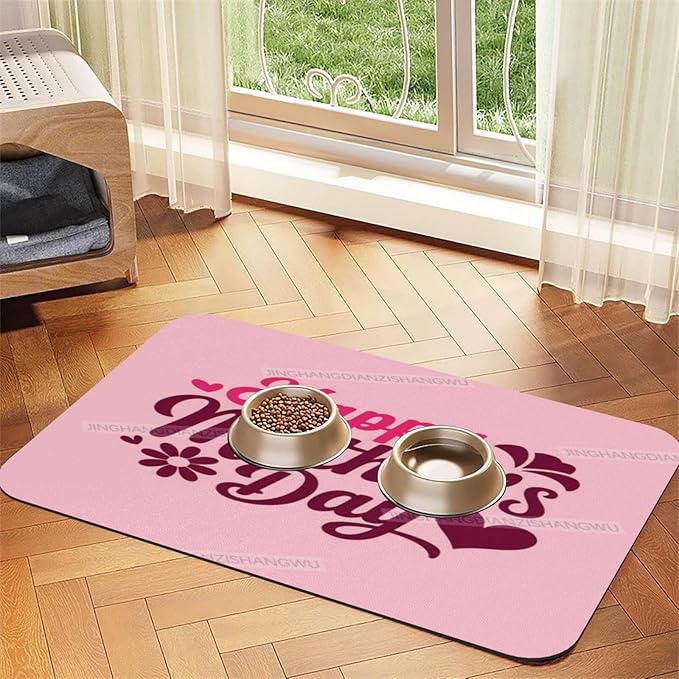 Pet Feeding Mat Happy Mother's Day Floral Gift Mom FA Dog Food Mat for Food Water No Stains Quick Dry Dispenser Cat Bowl Mats for Messy Drinkers 18X12In