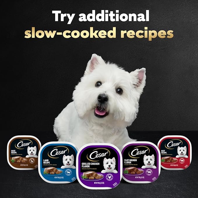 Cesar Wet Dog Food Classic Loaf in Sauce, Beef Recipe, Filet Mignon Flavor, Grilled Chicken Flavor, and Porterhouse Steak Flavor, 3.5 oz. Easy Peel Trays, Variety Pack, 12 Count