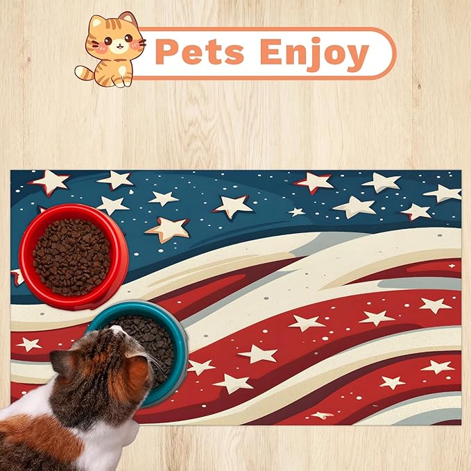 4th of July Dog Food Mat for Floors Absorbent Dog Bowl Mat for Food and Water Dispenser Quick Dry Cat Food Placemat Pet Supplies 17" x 30", Red White Stripes