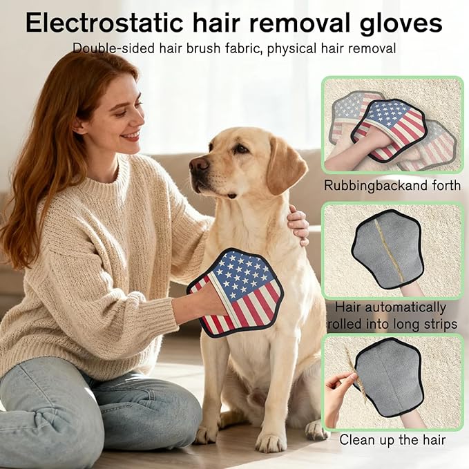 Retro Stars Stripes Electrostatic Pet Hair Removal Glove for Cats & Dogs - Reusable Grooming Mitt for Couch, Carpet, Car Seat & Laundry - Large 9x9 Inch