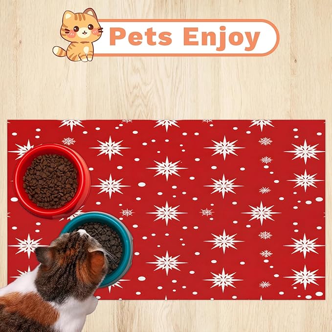 Christmas Dog Food Mat for Floors Absorbent, Quick Dry Water Dispenser Mat for Food, Water, Pet Supplies 24" x 32", Winter Snowflake