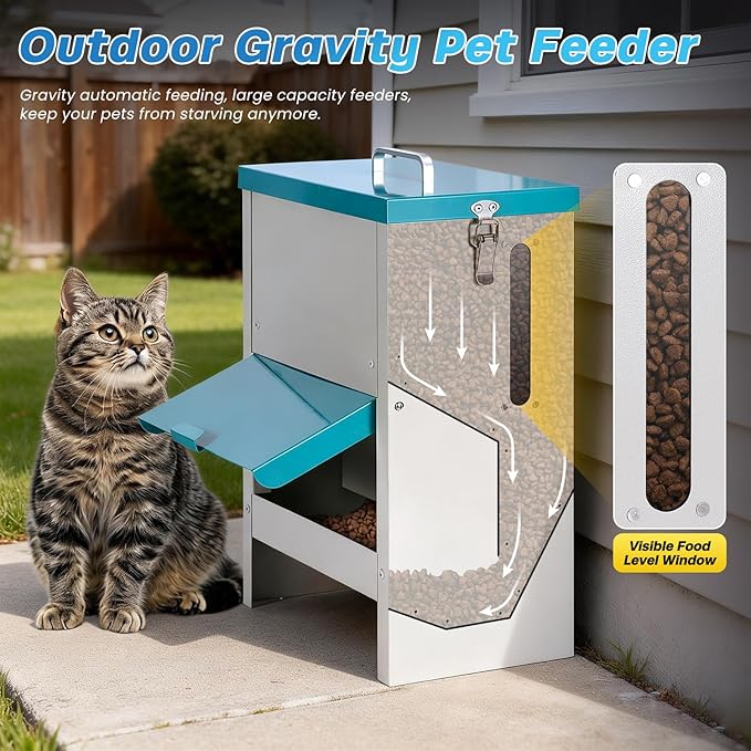 Automatic Cat Feeder Outdoor Gravity Cat Dry Food Dispenser Waterproof Pet Feeding Station for Stray, Feral Cats, Puppies and Kittens