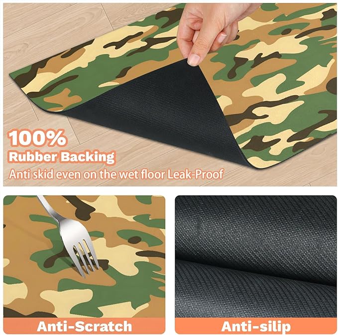 Camouflage Dog Food Mat for Floors Absorbent Dog Bowl Mat for Food and Water Dispenser Quick Dry Cat Food Placemat Pet Supplies 17" x 30", Brown Green Camo