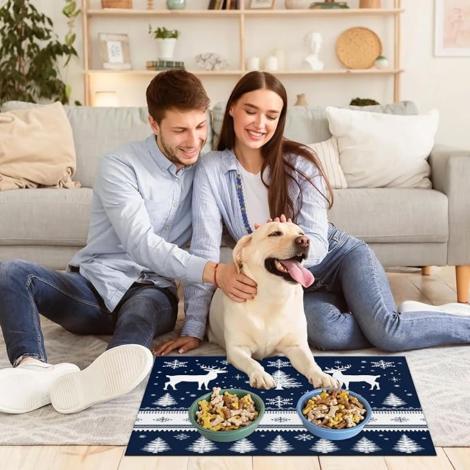 Christmas Tree Deer Snowflake Dog Food Mat for Floors Absorbent, Quick Dry Water Dispenser Mat for Food, Water, Pet Supplies 24" x 32",