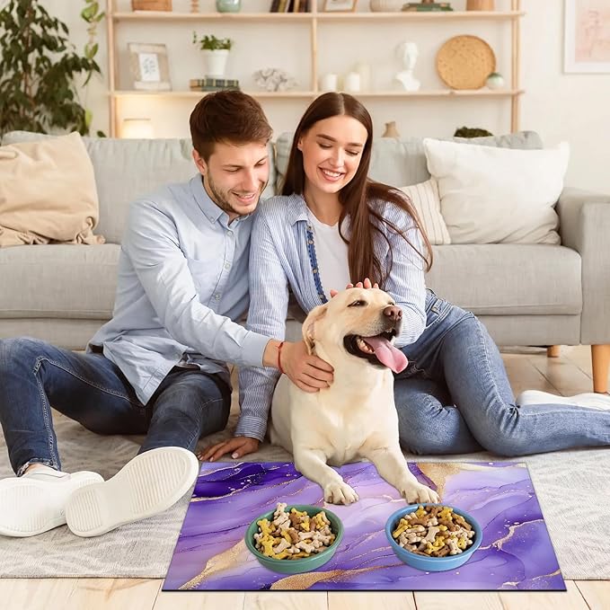 Purple Marble Dog Food Mat for Floors Absorbent, Quick Dry Water Dispenser Mat for Food, Water, Pet Supplies 12" x 20", Gold Purple Abstract