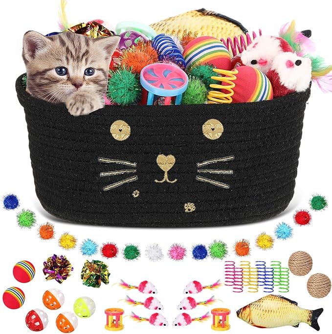 Zopeal 58 Pcs Easter Cat Storage Basket Gift Toys Set, Colorful Flashing Balls Pet Bell Crinkle Balls Spring Toys Attract Cat to Swat, Hunt, Interactive for Pet(Black,9.8 Inch)
