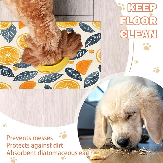 Lemon Dog Food Mat for Floors Absorbent Dog Bowl Mat for Food and Water Dispenser Quick Dry Cat Food Placemat Pet Supplies 12" x 20", Leaves