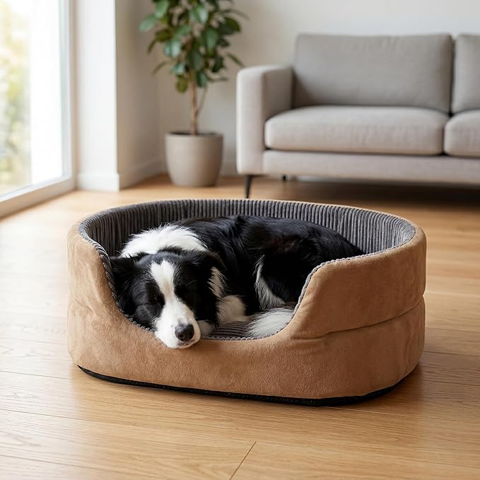 Medium Dog Bed Cat Bed 18x26 Inch, Calming Pet Bed for Small Dogs & Cats, Half-Enclosed Open-Top Velvet Anti-Anxiety Bed, Machine Washable Cozy Snuggle Bed (Camel)