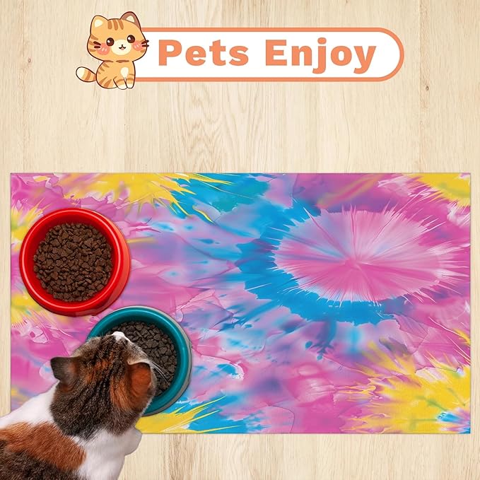 Tie Dye Dog Food Mat for Floors Absorbent, Quick Dry Water Dispenser Mat for Food, Water, Pet Supplies 16" x 24", Pink Yellow Blue