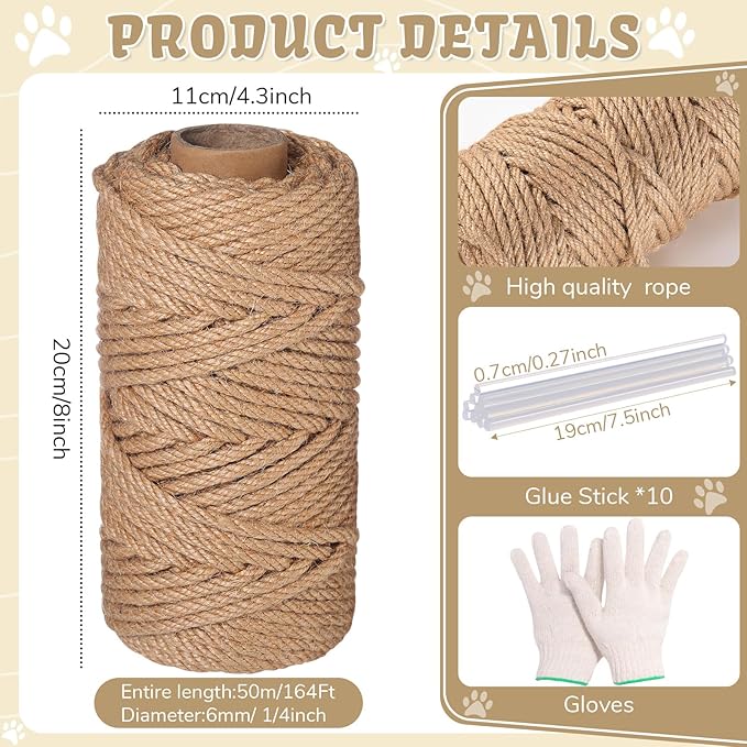 1/4inch ×164Ft Natural Cat Tree Hemp Rope, DIY Repair and Replace Scratching Post Sisal Rope for Scratching Post Cat Tree Tower DIY(Original Color)