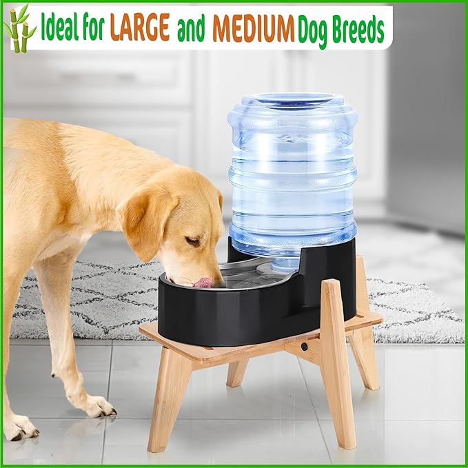 Dog Water Bowl Dispenser Stand - Compatible with Automatic Food Feeders and Water Dispensers - Adaptable Size (Fits S-M-L Sizes) - Natural Bamboo