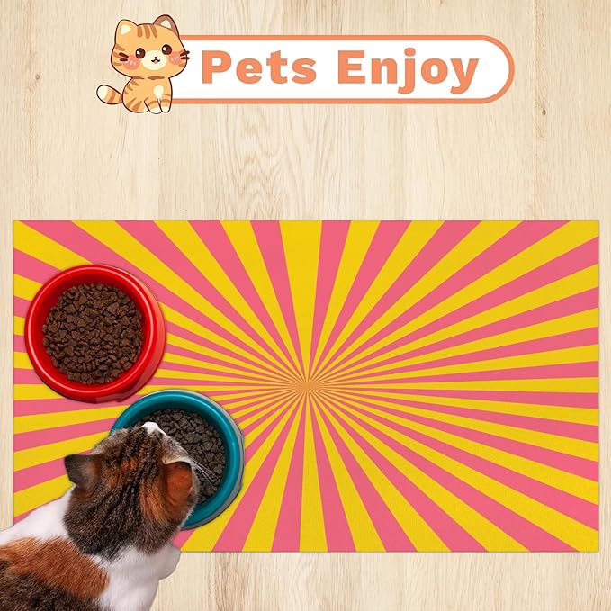 Striped Dog Food Mat for Floors Absorbent, Quick Dry Water Dispenser Mat for Food, Water, Pet Supplies 17" x 30", Pink Yellow