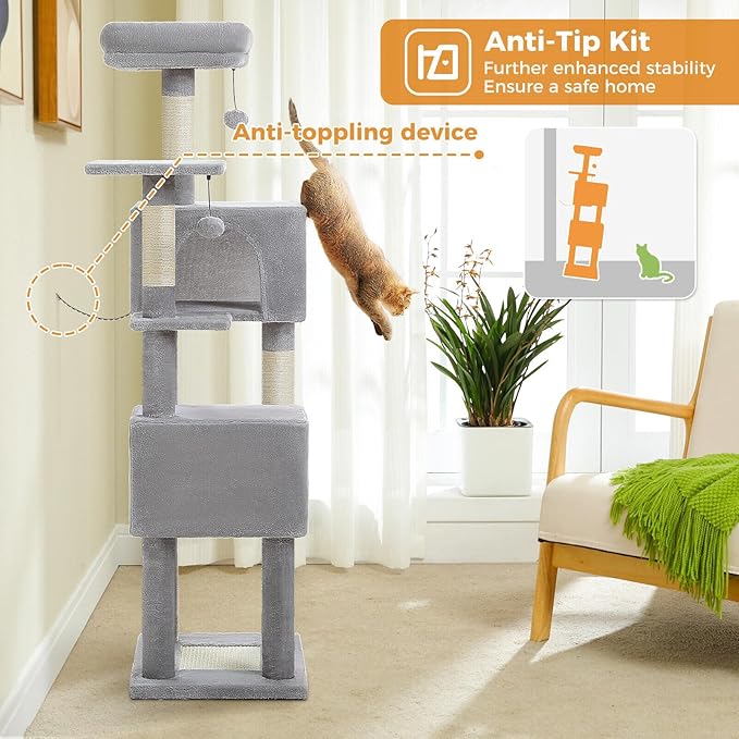 Cat Tree for Indoor Cats, 62" Multi-Level Cat Tower with 2 Spacious Condos, Scratching Pad, 4 Cat Scratching Posts, 2 Top Perches, 2 Pompoms, Grey