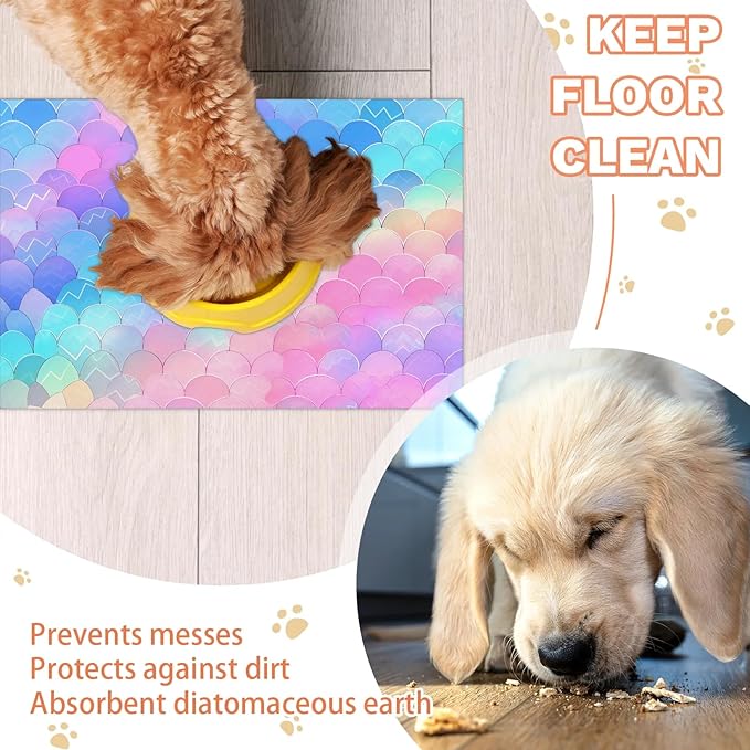 Mermaid Scales Dog Food Mat for Floors Absorbent Dog Bowl Mat for Food and Water Dispenser Quick Dry Cat Food Placemat Pet Supplies 17" x 30", Pink Blue Ocean