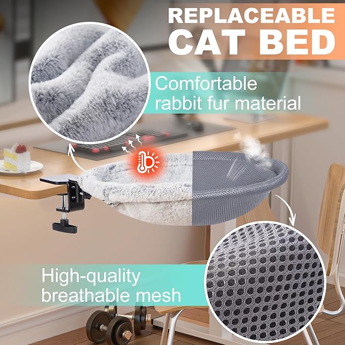 Uross Cat Desk Bed - 180° Rotating Soft & Comfortable Rabbit Fur Bed, Modern Indoor Cat Nest Furniture for Office Desks and Game Tables, Island Table-Supports 50 lbs-(Lightgrey)