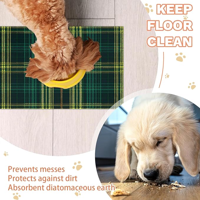 Green Plaid Dog Food Mat for Floors Absorbent, Quick Dry Water Dispenser Mat for Food, Water, Pet Supplies 12" x 20", Buffalo Check
