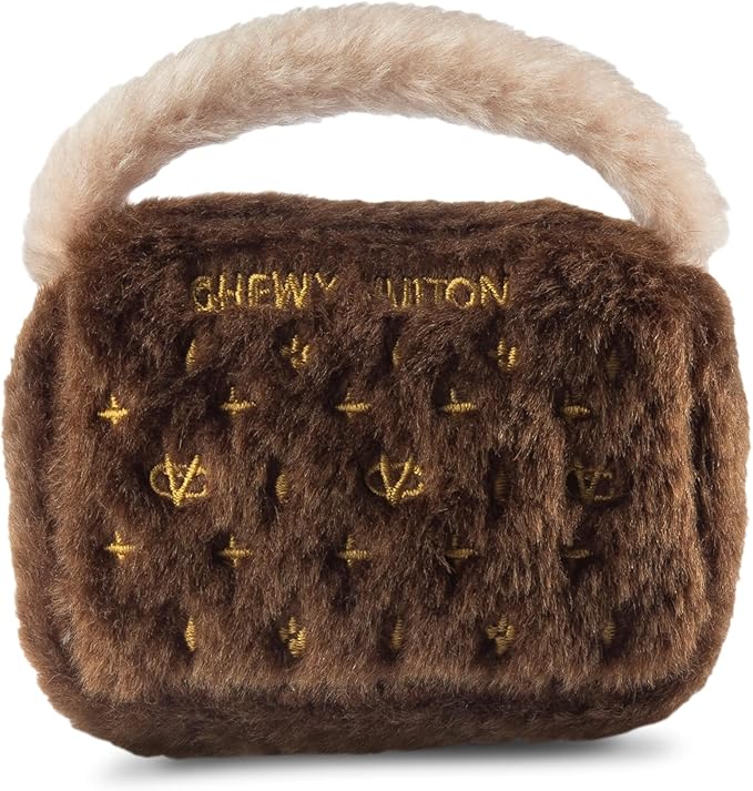 Dog Diggin Designs Chewy Vuiton Plush Dog Toy Purse | Luxury-Inspired Parody Designer Handbag with Squeaker, Soft Plush Fashion Dog Toy – Haute Couture Purses & Handbags
