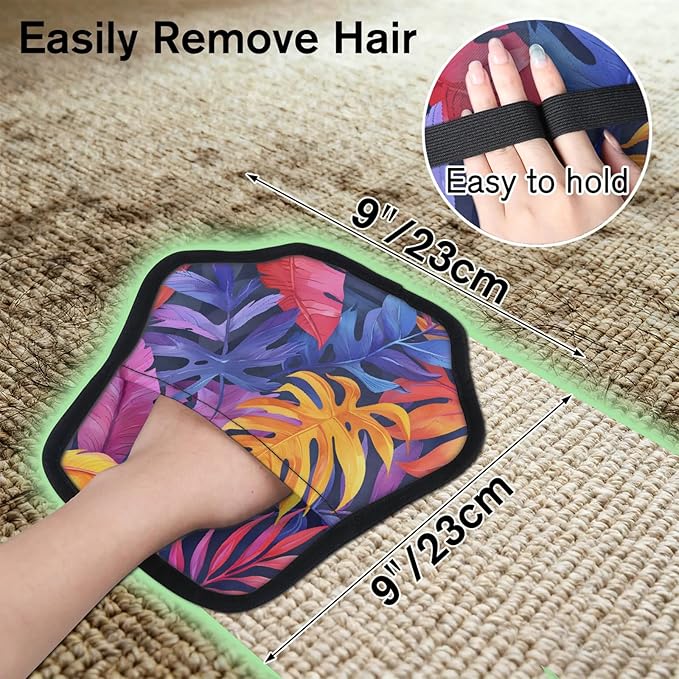 Palm Plant Print Electrostatic Pet Hair Removal Glove for Cats & Dogs - Reusable Grooming Mitt for Couch, Carpet, Car Seat & Laundry - Large 9x9 Inch