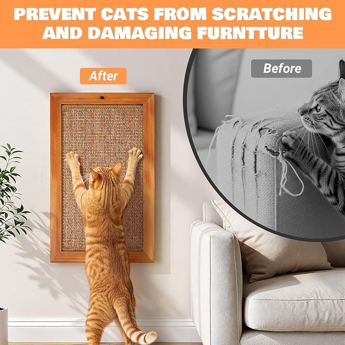 Wall Mounted Cat Scratching Post, Wooden Sisal Panel Scratcher, Natural Wood Frame with Durable Sisal Rope Surface for Cats，Space Saving Wall Furniture for Cats, Protects Furniture from Scratching