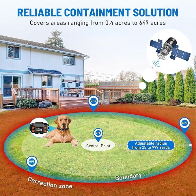 GPS Wireless Dog Fence, 3 Warning Modes, Radius 25-999 Yards, IPX7 Waterproof Collar, Electric Fence for Dogs, Pet Containment System, Outdoor Use, for Dogs Over 16 Lbs