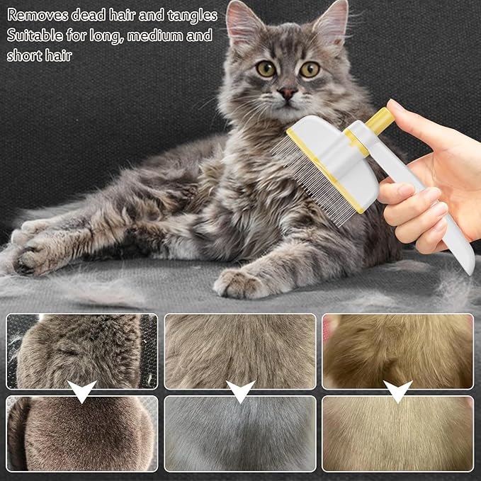 Pet Hair Removal Comb, 2025 Upgraded One Click Self Cleaning Grooming Brush, Cat Brush Comb with Non slip Handle for Short & Long Hair, Pet Grooming Supplies for Cats & Dogs Massaging (green+yellow)