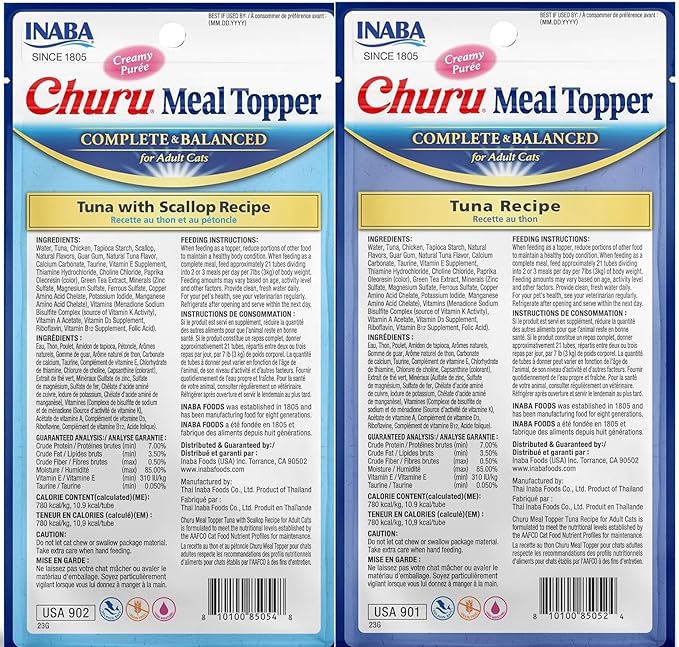 INABA Churu Meal Topper for Cats, Complete & Balanced, Creamy, Lickable Purée Cat Food Topper, 0.5 Ounce Tube, 48 Tubes (4 per Pack), 2 Flavor Variety Pack