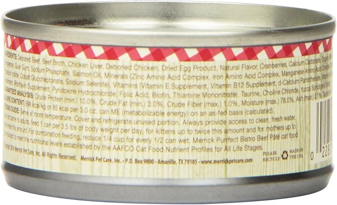 Merrick Purrfect Bistro Grain Free Premium Soft Canned Pate Adult Wet Cat Food, High Protein Beef Recipe - (Pack of 24) 3 oz. Cans