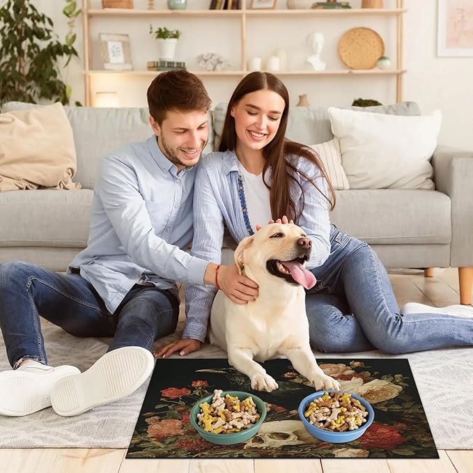 Halloween Raven Dog Food Mat for Floors Absorbent, Quick Dry Water Dispenser Mat for Food, Water, Pet Supplies 12" x 20", Skull Floral