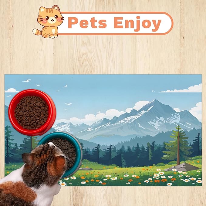 Mountain Dog Food Mat for Floors Absorbent, Quick Dry Water Dispenser Mat for Food, Water, Pet Supplies 17" x 30", Woodland