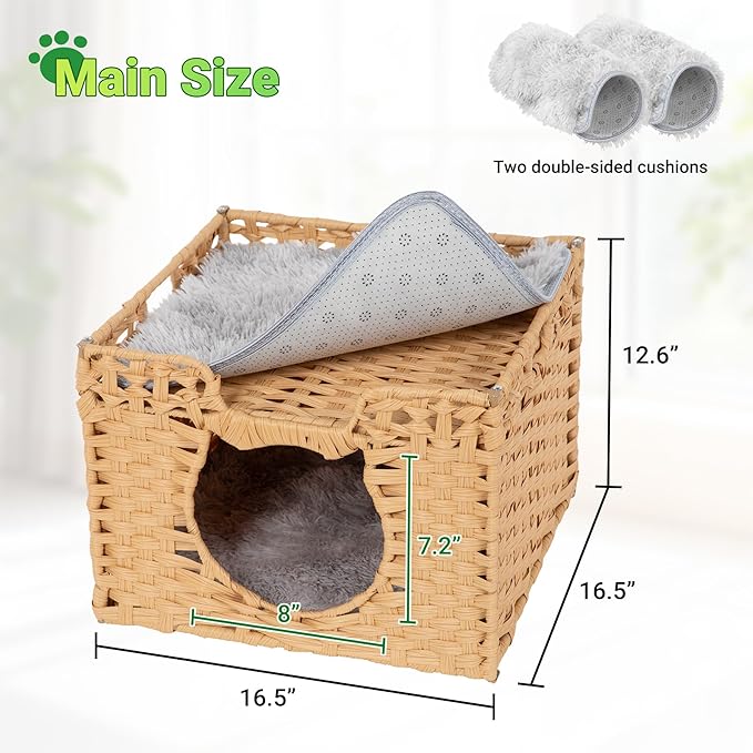 Handwoven Rattan Cat Cave w/Two Cushions, Cat Beds Indoor Kitten House, Wateproof & Foldable Pet Cube Bed, Natural Color, 16.5”L x 16.5”W x 12.6”H