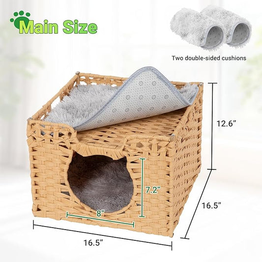 Handwoven Rattan Cat Cave w/Two Cushions, Cat Beds Indoor Kitten House, Wateproof & Foldable Pet Cube Bed, Natural Color, 16.5”L x 16.5”W x 12.6”H