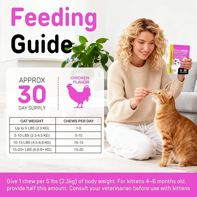 Cat Vitamins Chews, 15 in 1 Cat Multivitamin Treats for Health, Immune, Joint Support, Skin & Coat, & Digestion, Vitamins with Taurine, Omega-3s & Probiotics, Chicken (30 Day Supply)