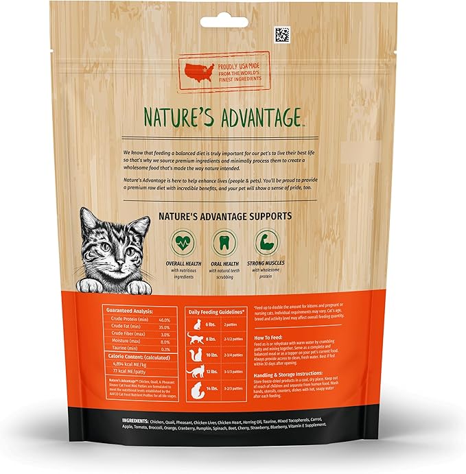 Nature's Advantage Freeze-Dried Raw Chicken, Quail, & Pheasant Cat Food Mini Patties, 12 oz | Grain Free, High Protein Nutrition