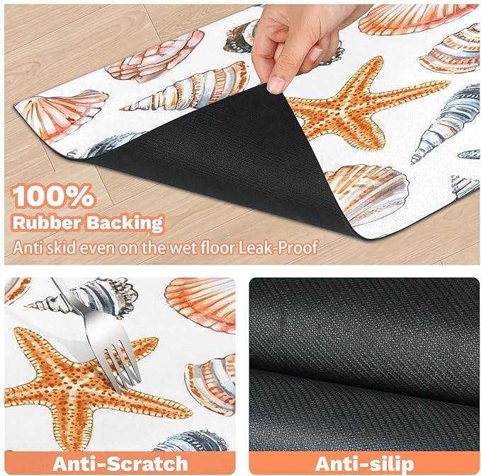 Starfish Seashell Dog Food Mat for Floors Absorbent Dog Bowl Mat for Food and Water Dispenser Quick Dry Cat Food Placemat Pet Supplies 24" x 32", Nautical Coastal