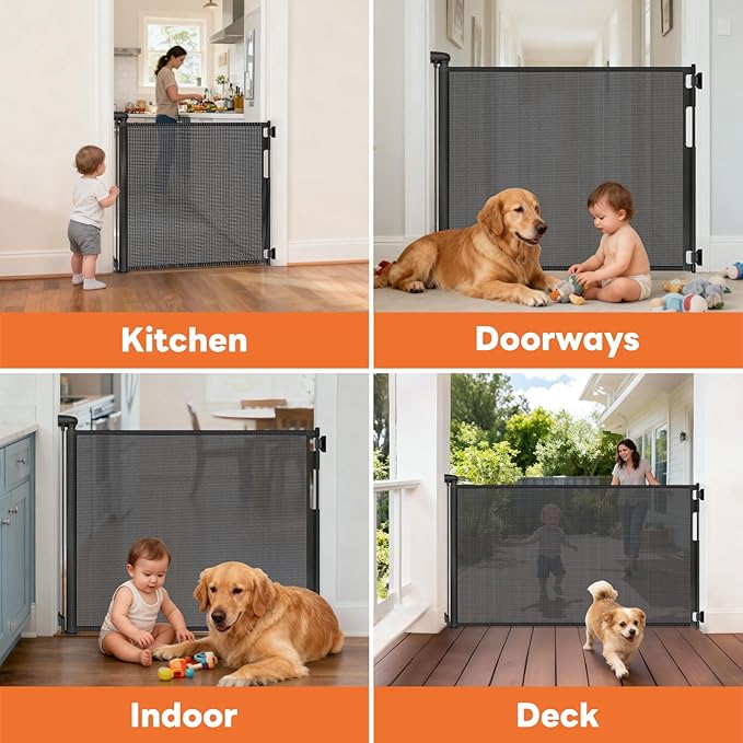 Retractable Baby Gates for Doorways, Mesh Dog Gate for Stairs, Pet Gate Indoor, Extends to 55" Wide 33" Tall, Safety Toddlers Gates for Hallways, Indoor & Outdoor Use, Black