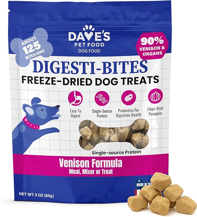Dave's Pet Food Freeze Dried Venison Treats for Dogs with Pumpkin Fiber & Probiotics, Easy to Digest, Complete & Balanced Nutritious, Freeze Dried Dog Food Topper, USA Made (3 oz)