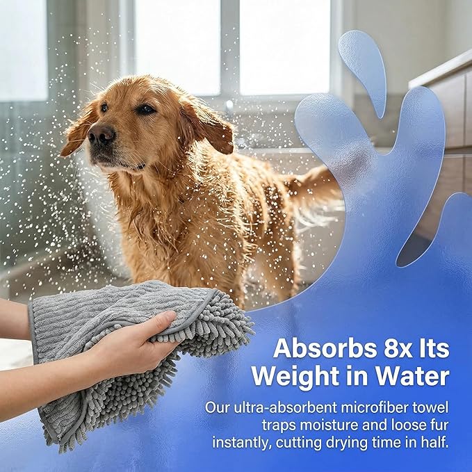 Dog Grooming Kit – Quick Drying Towel for Dogs + Silicone Massage Bath Brush | Super Absorbent Microfiber Dog Towel & Soft Rubber Pet Shampoo Brush | Complete Shower & Bath Supplies for Dogs & Cats