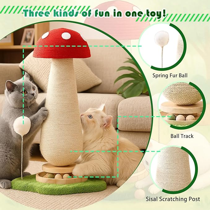 Sisal Mushroom Cat Scratchers Post Spring Ball Track,Scratcher for Indoor Adults Cats, Kitty Tree,Durable Toy,Kitten Tower with Durable Solid Wood,25.2''-Red