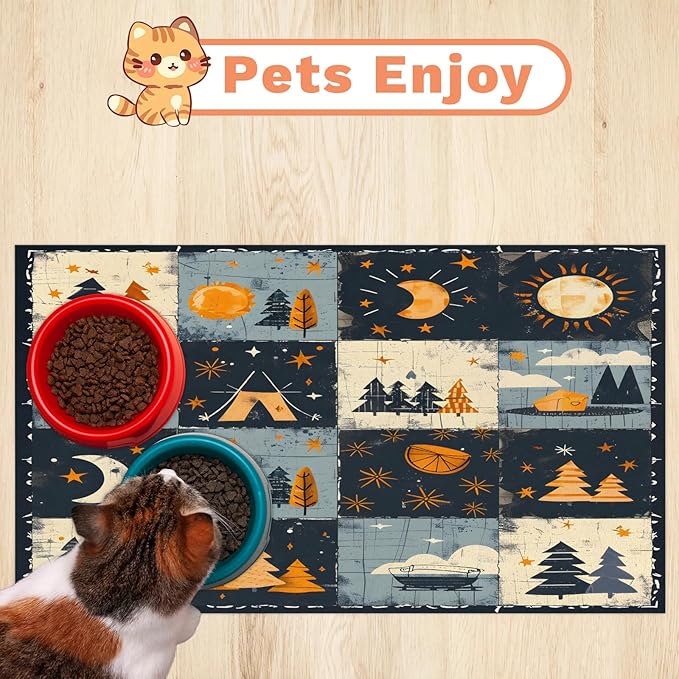 Rustic Trees Dog Food Mat for Floors Absorbent, Quick Dry Water Dispenser Mat for Food, Water, Pet Supplies 17" x 30", Sun Moon